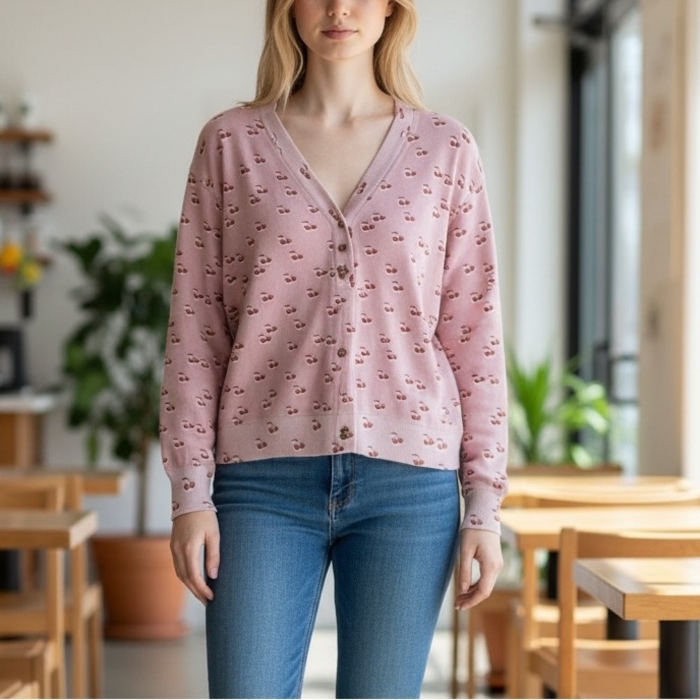 Chaser Cherry Print V-Neckline Long Sleeve Pullover Top NWT